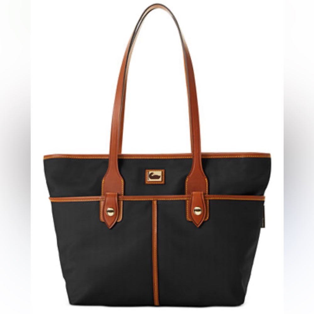 Dooney & Bourke Wayfarer Double Pocket Tote in black with brown leather trim.